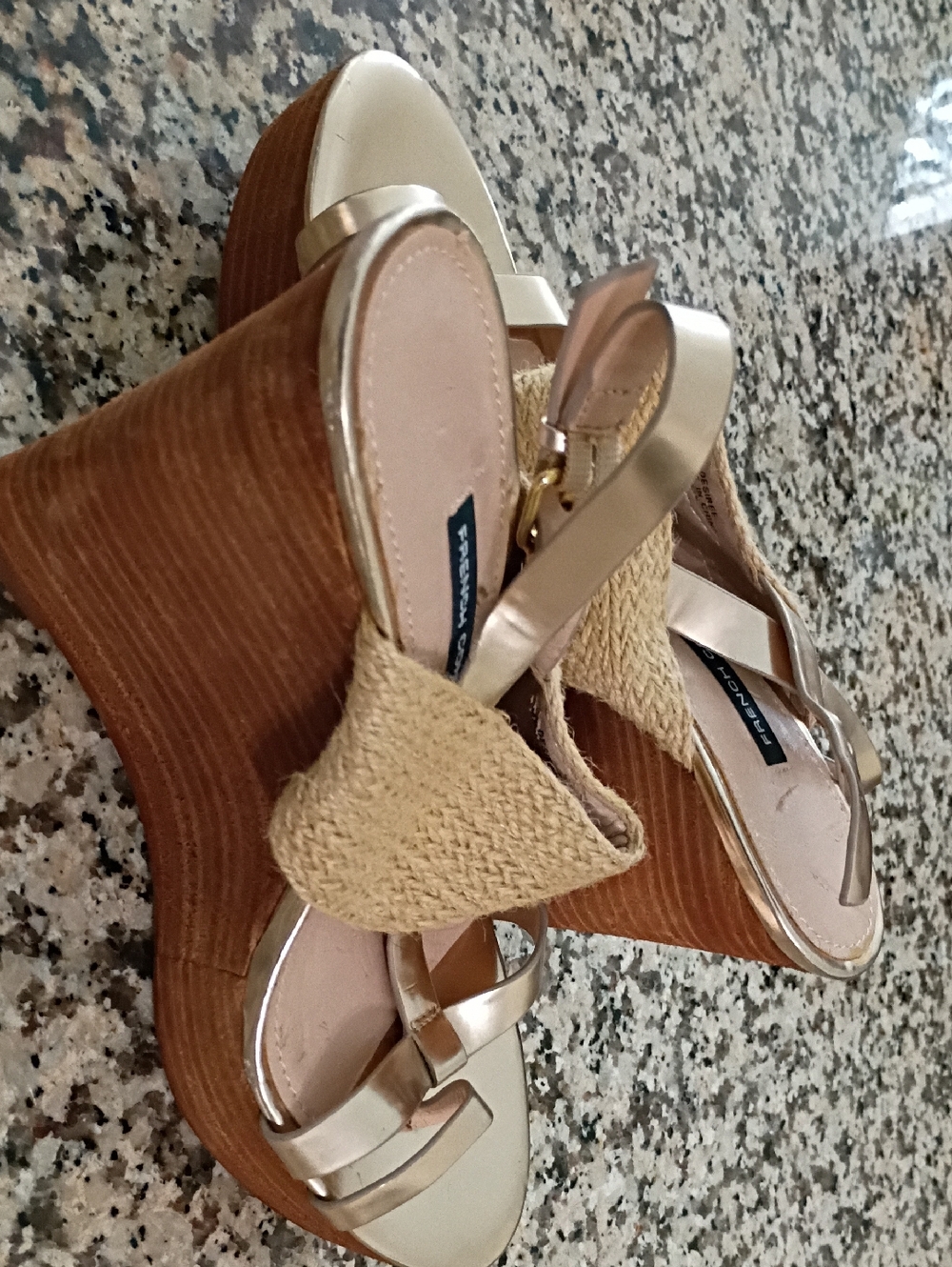 French Connection Gold Metallic and Natural Rope Wedge Sandals
